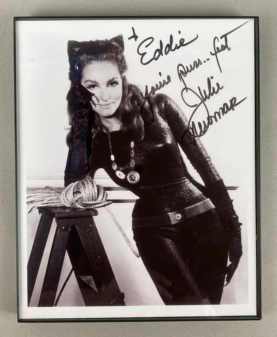 Signed Julie Newmar Catwoman Batman Classic TV Series Photograph: Addressed to Eddie, In frame, Photo measures 8 x 10in, Frame measures 10 1/4 x 8 1/4in.