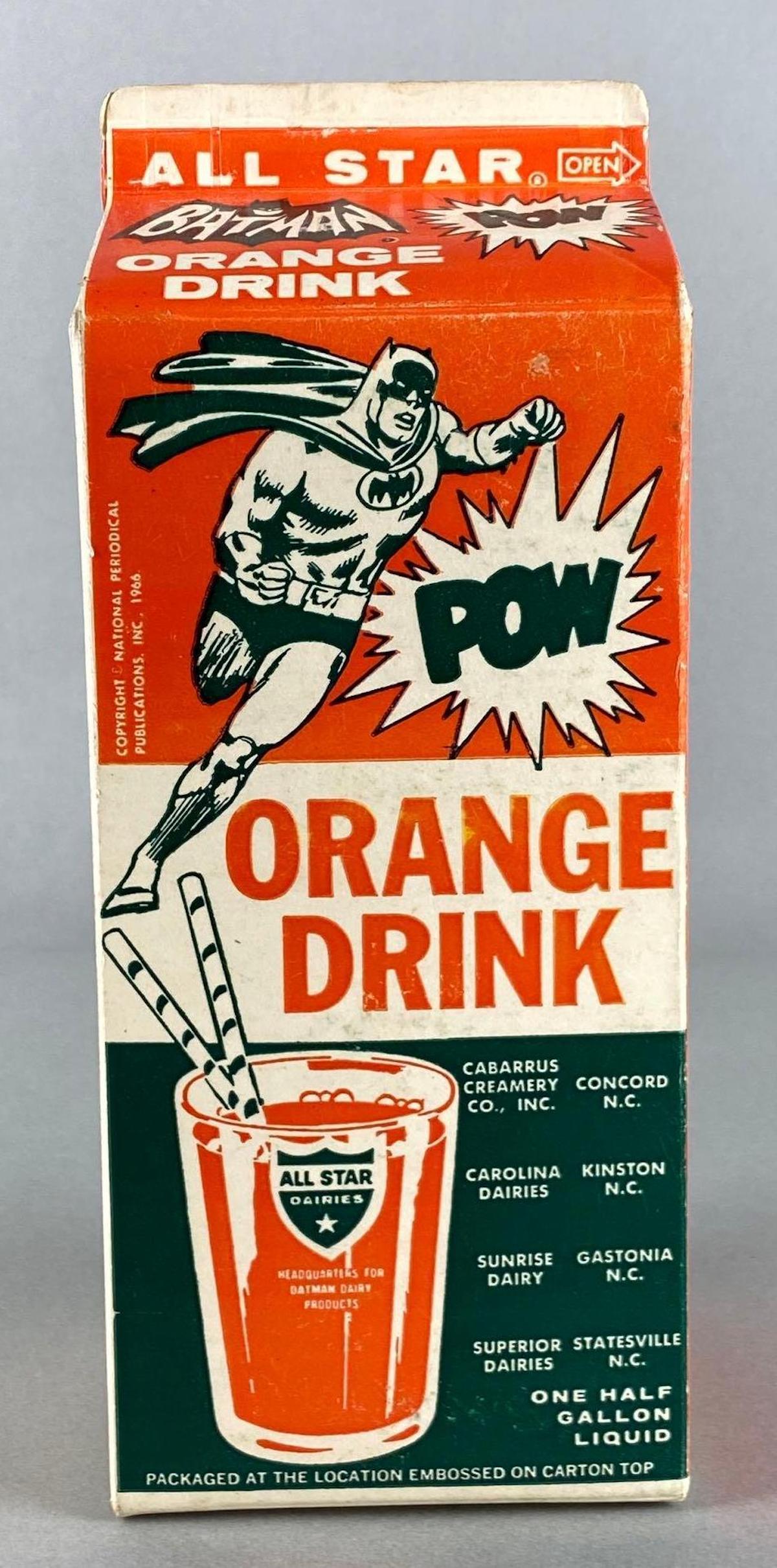 All Star Batman Classic TV Series Orange Drink Carton: 1966, Empty carton, Measures 9 1/2 x 4 x 4in.
