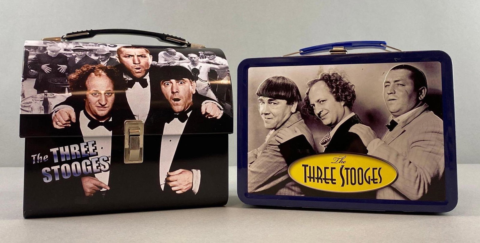 Group of 2 The Three Stooges Metal Lunchboxes: Largest measures 7 1/2 x 8 x 4 inches