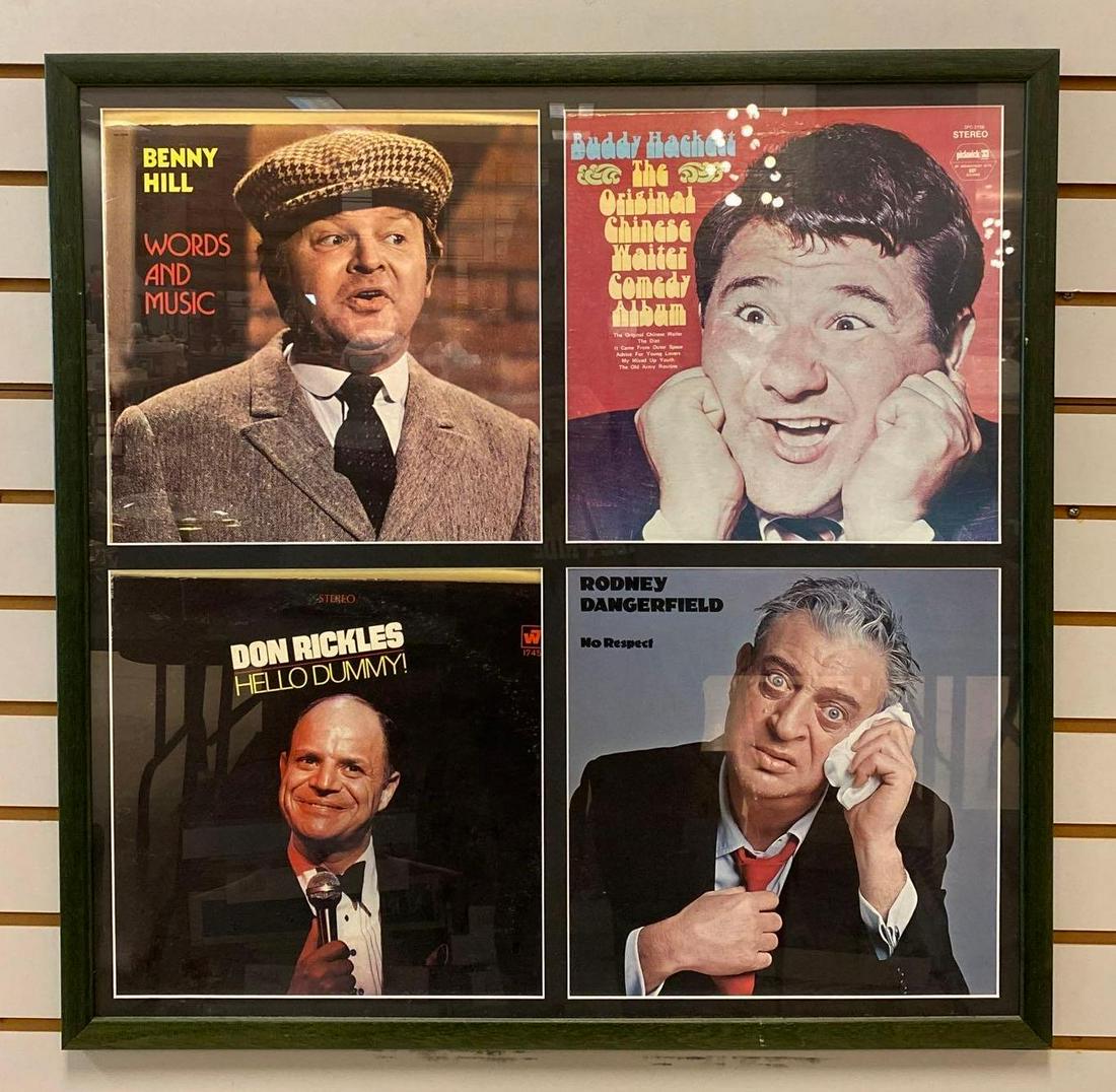 Comedy Vinyl Record Framed Collage: Includes Don Rickles Hello Dummy, Benny Hill Words and Music, and more. 28 x 27 1/2 inches