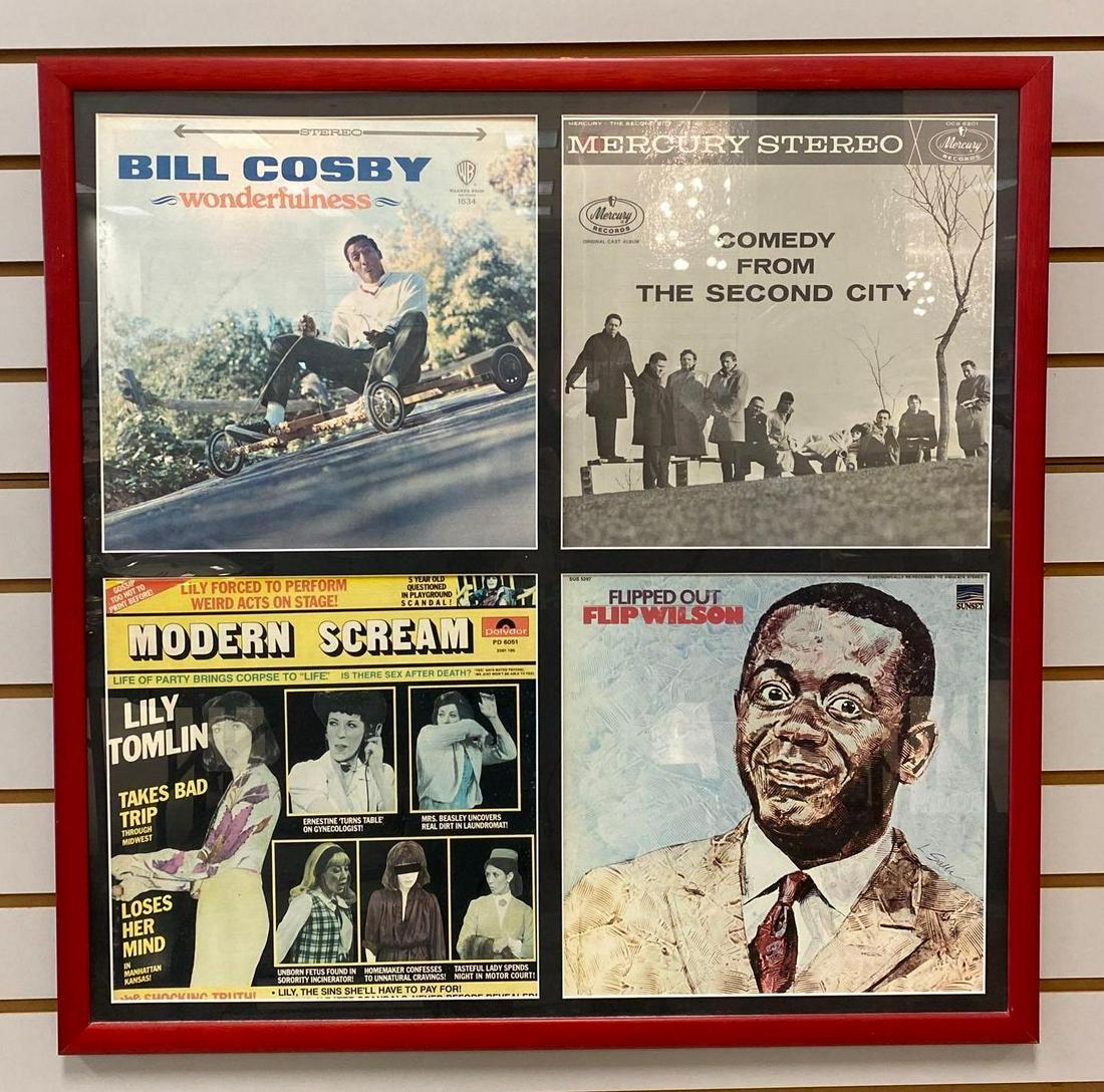 Comedy Vinyl Record Framed Collage: Includes Flipped Out Flip Wilson, Bill Cosby Wonderfulness, Modern Scream, and more. 28 x 27 1/2 inches