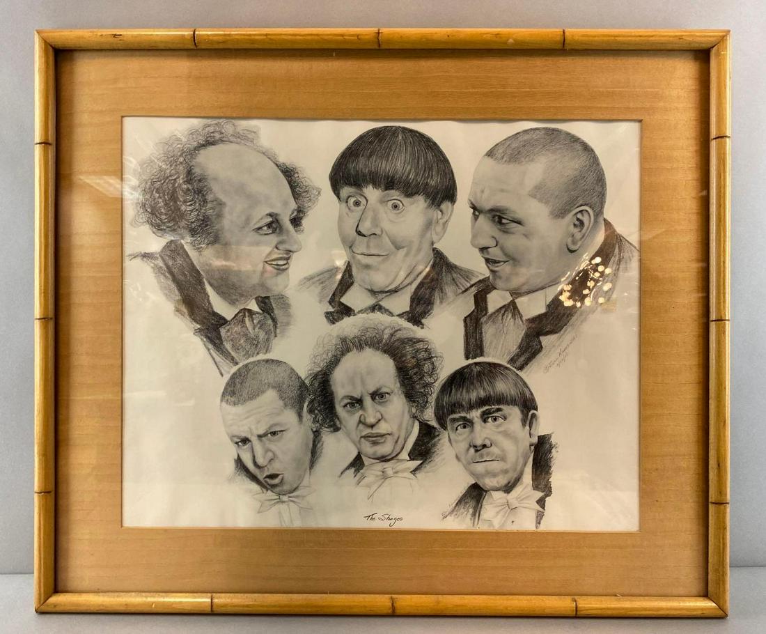 The Three Stooges Signed Print: Bill Harkowski 12/22/1981. Back of frame is loose. 21 x 25 inches