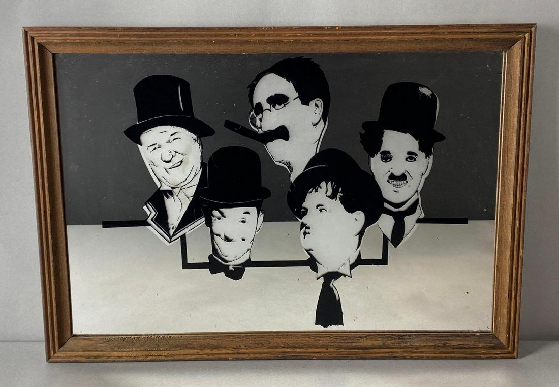 Classic Comedians Framed Mirror: Includes W.C. Fields, Groucho Marx, Charlie Chaplin, and Laurel and Hardy, Measures 13 1/2 x 19 1/2in.