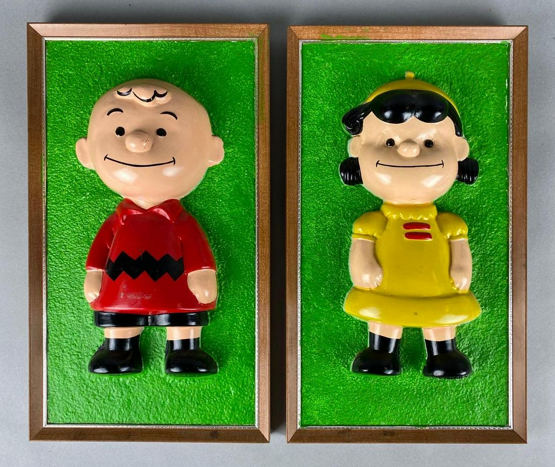 Groip of 2 United Feature Syndicate Peanuts Vacuum Form Wall Hangs: 1965, Includes Charlie Brown and Lucy, Both measure 4 1/4 x 8 1/4 x 2 3/4in.