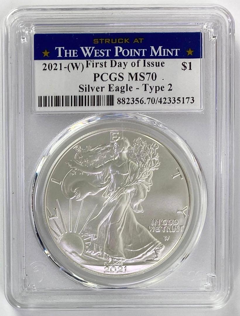 Struck at The West Point Mint 2021 W American Silver Eagle First Day of Issue Type 2 (PCGS) MS70 (1 of 2)