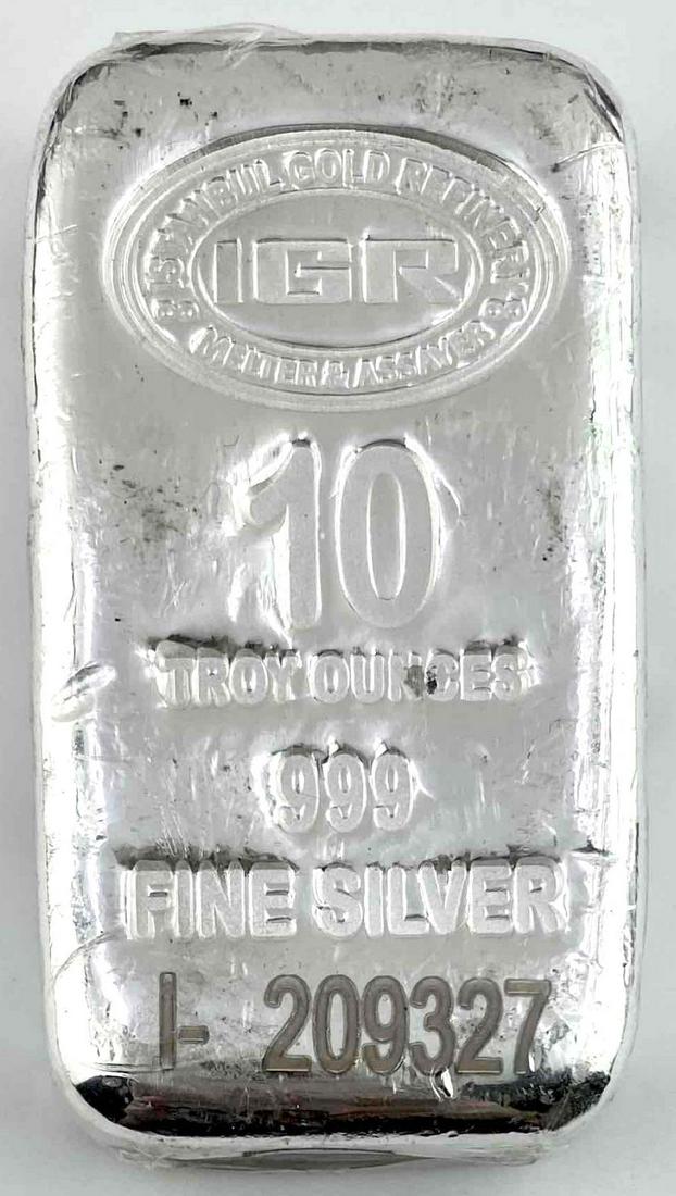 10 Oz Istanbul Gold Refinery IGR .999 Silver Bar with Assay COA Sealed!: Great poured loaf style 10 ounce .9999 fine silver bar.