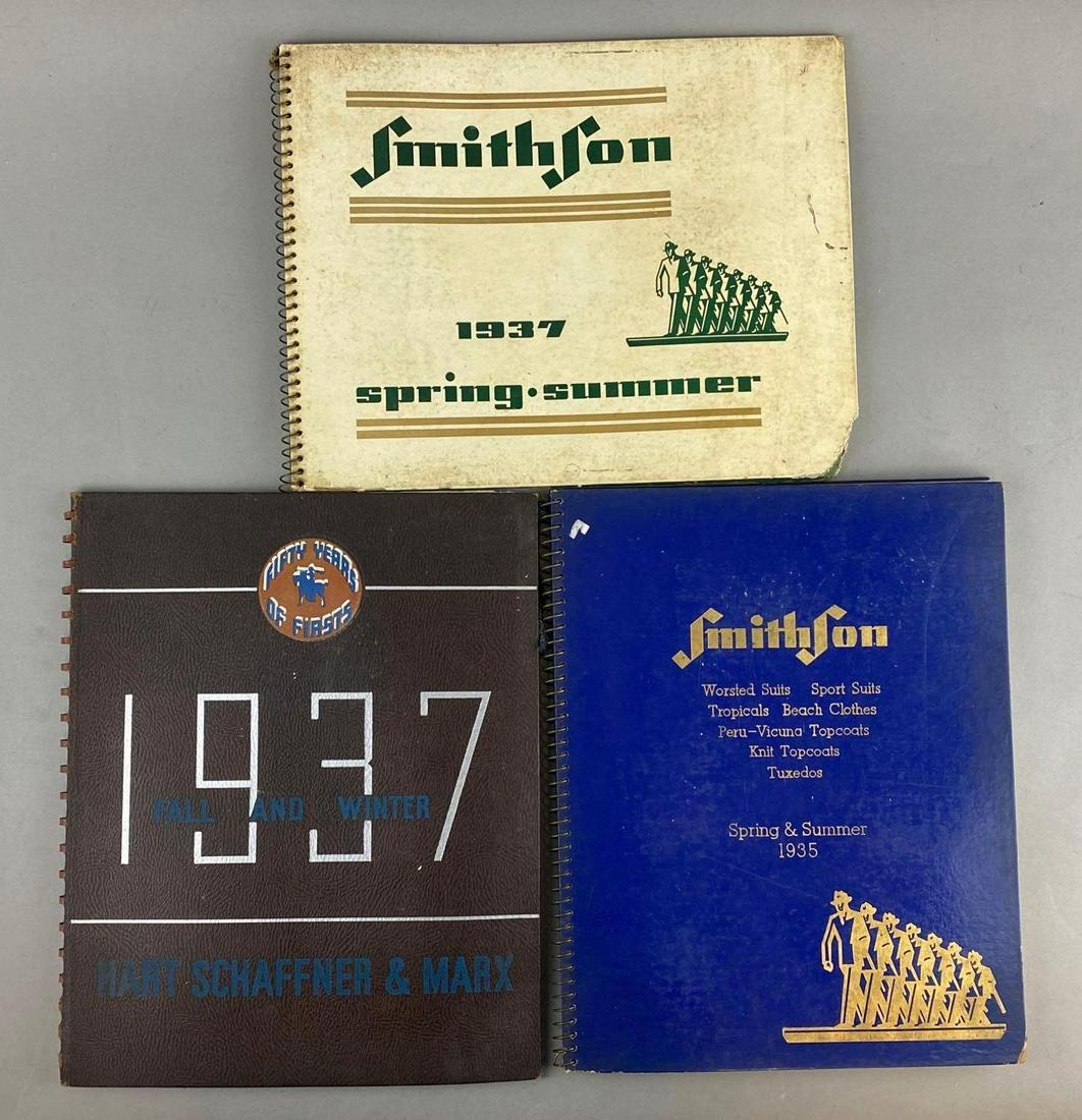 Group of 3 Assorted Clothing Swatch Booklets: Includes 1937 Fall and Winter, Smithfon 1937 Spring and Summer, and Smithfrom 1935 Spring and Summer. Largest measures 14 1/2 x 11 inches