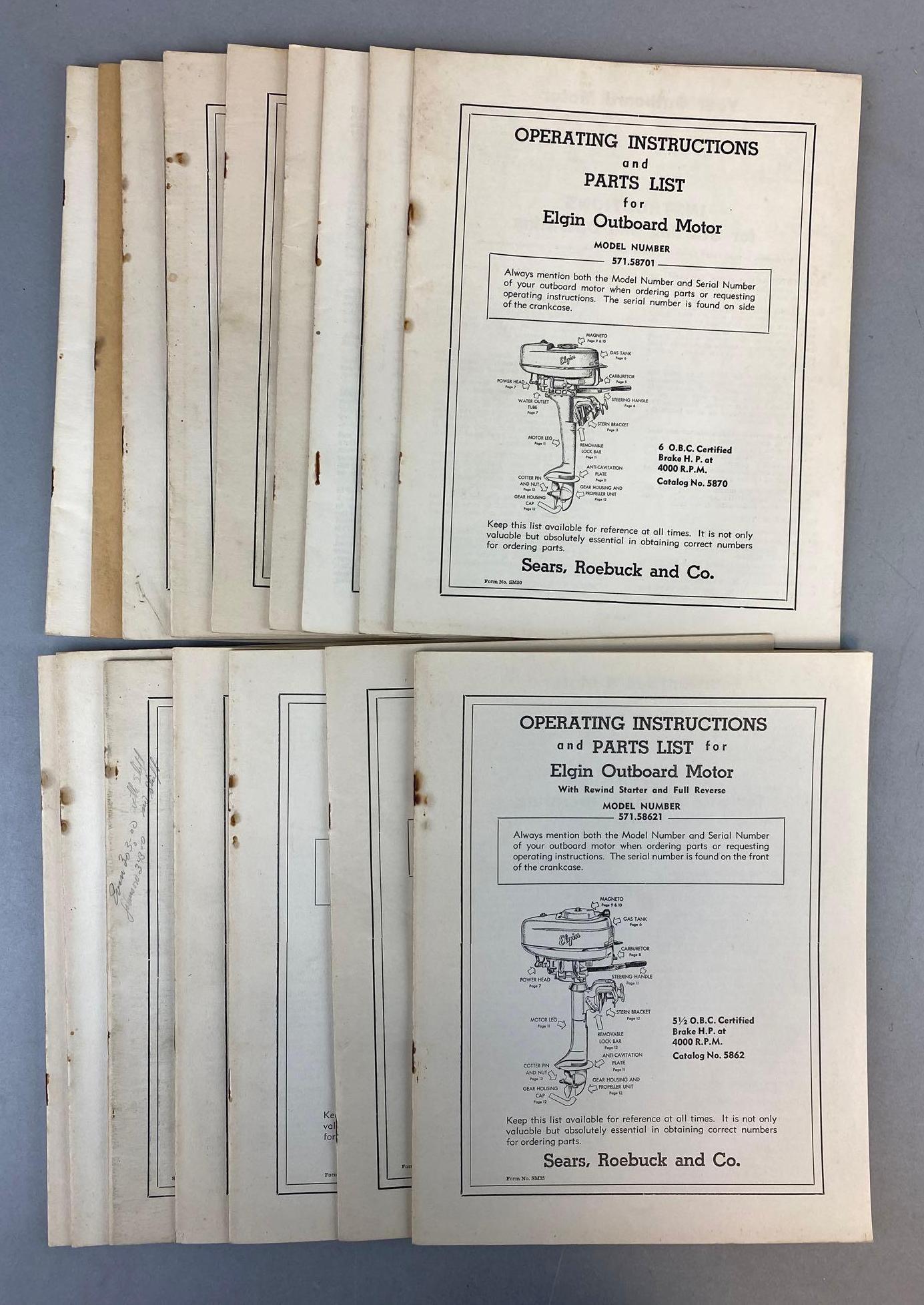 Group of 16 Operating Instructions and Parts List for Elgin Outboard
