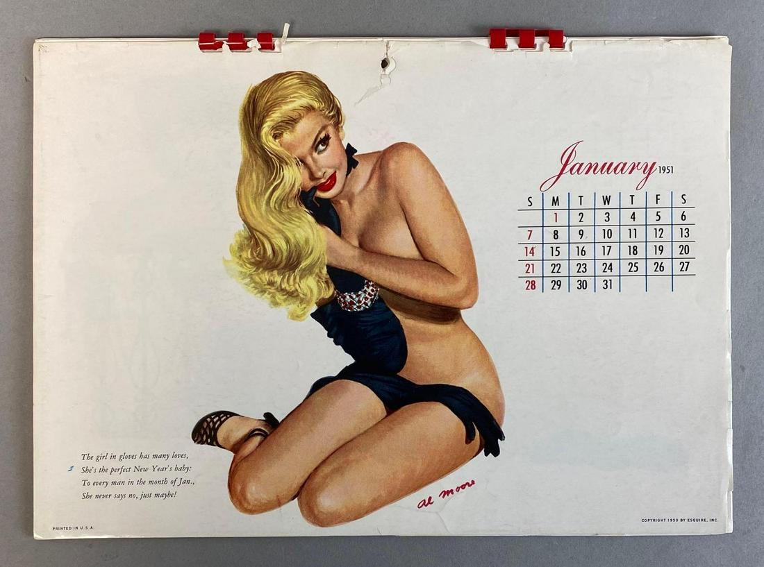 1951 Esquire Al Moore Pin-Up Art Calendar: Some pages not attached, Measures 9 x 12in.
