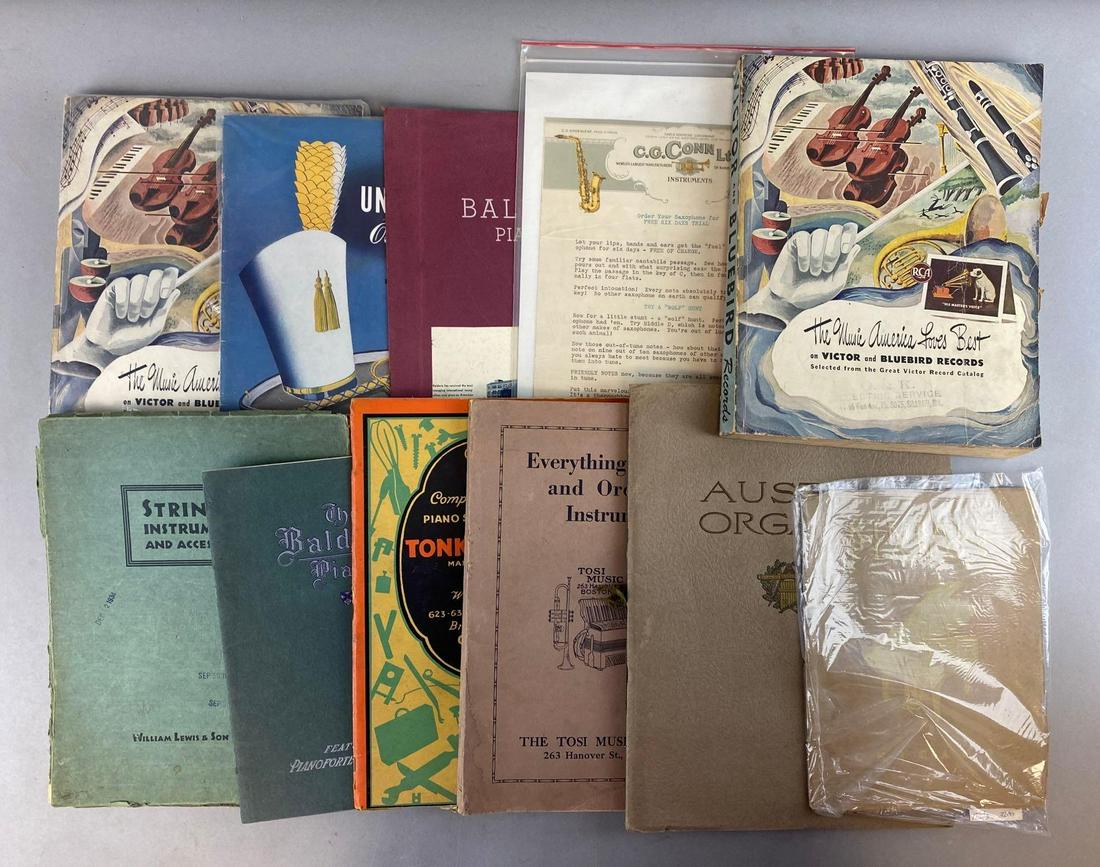 Group of 11 Assorted Music Catalogs and More: Includes 1934 Tonk Bros, Austin Organs, Stringed Instruments and Accessories Chicago Illinois, and more. Largest measures 12 1/2 x 9 1/2 inches