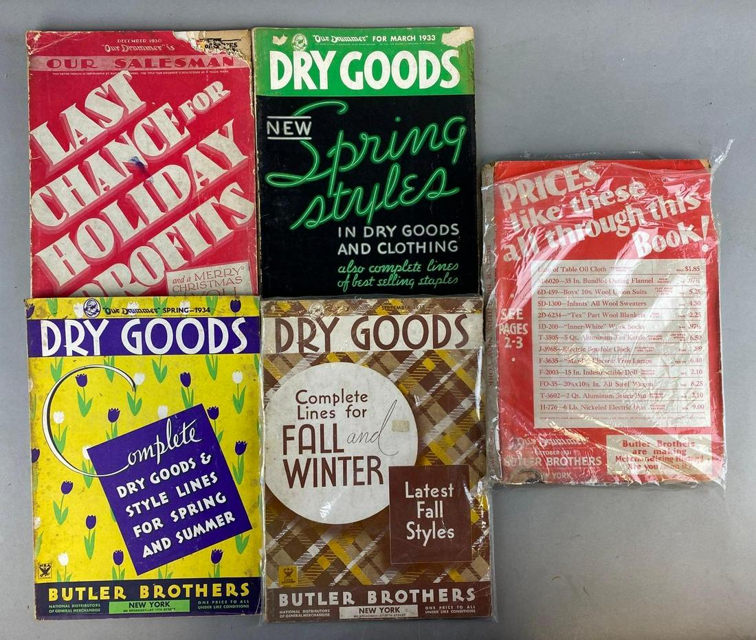 Group of 5 Butler Brothers Catalogs: Includes Fall Winter 1934, Spring Summer 1934, and more. Largest measures 13 1/2 x 12 inches
