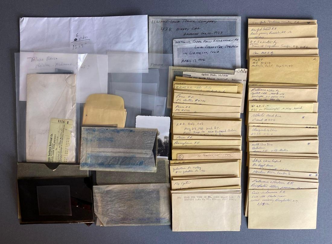 Group of Railroad Photograph Negatives: Group of Railroad Photograph Negatives, 60+ labeled envelopes of negativeâ€™s and more, each envelope with approximately 1-10 negatives, largest envelope measures 3 x 4in.