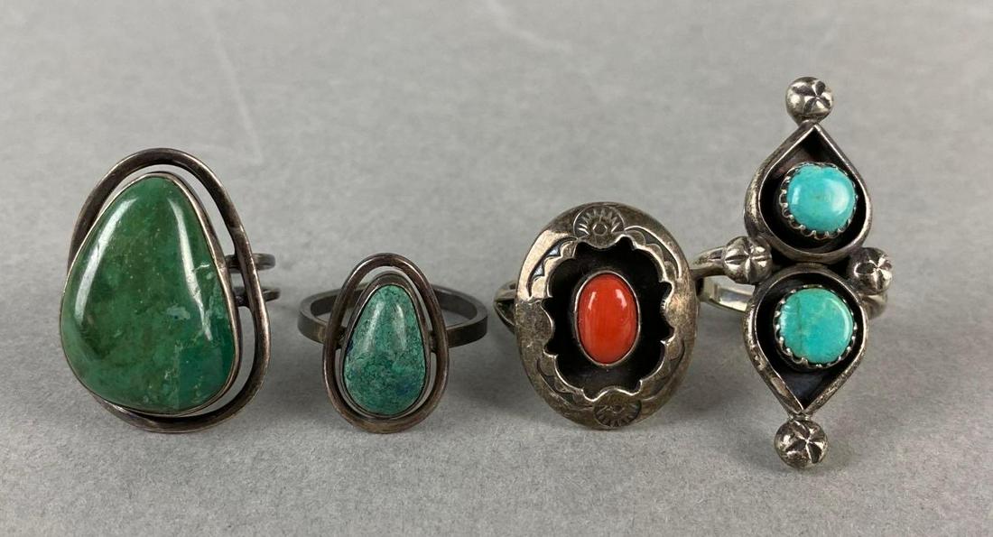 Group of 4 Native American Sterling Silver Turquoise and Coral Rings (1 of 3)