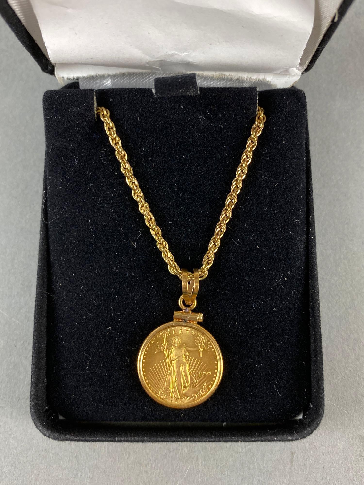 1999 1/10oz Gold American Eagle Pendant Rope Chain Necklace (1 of 4)