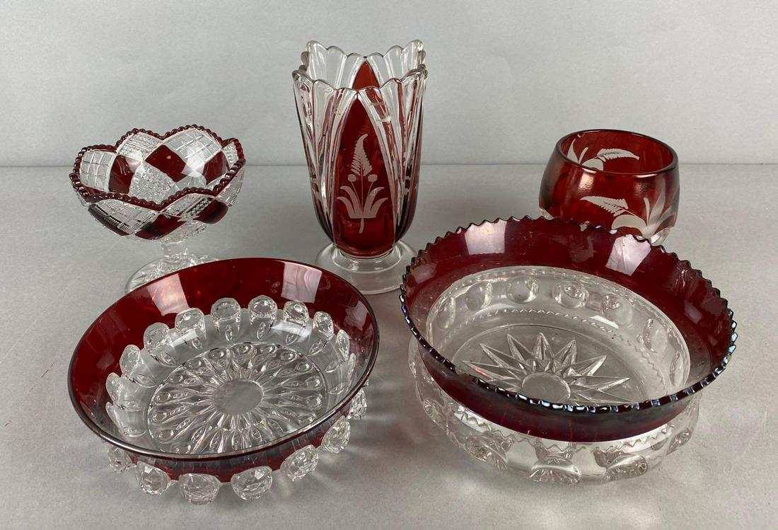 Group of 5 Red and Clear Crystal Glass Items (1 of 4)