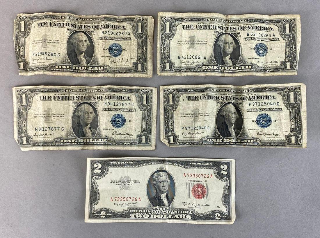 Group of 5 One and Two Dollar Silver Certificates (1 of 2)