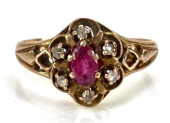 10K Gold Prong Set Oval Cut Ruby and Round Cut Diamond Ring (1 of 4)