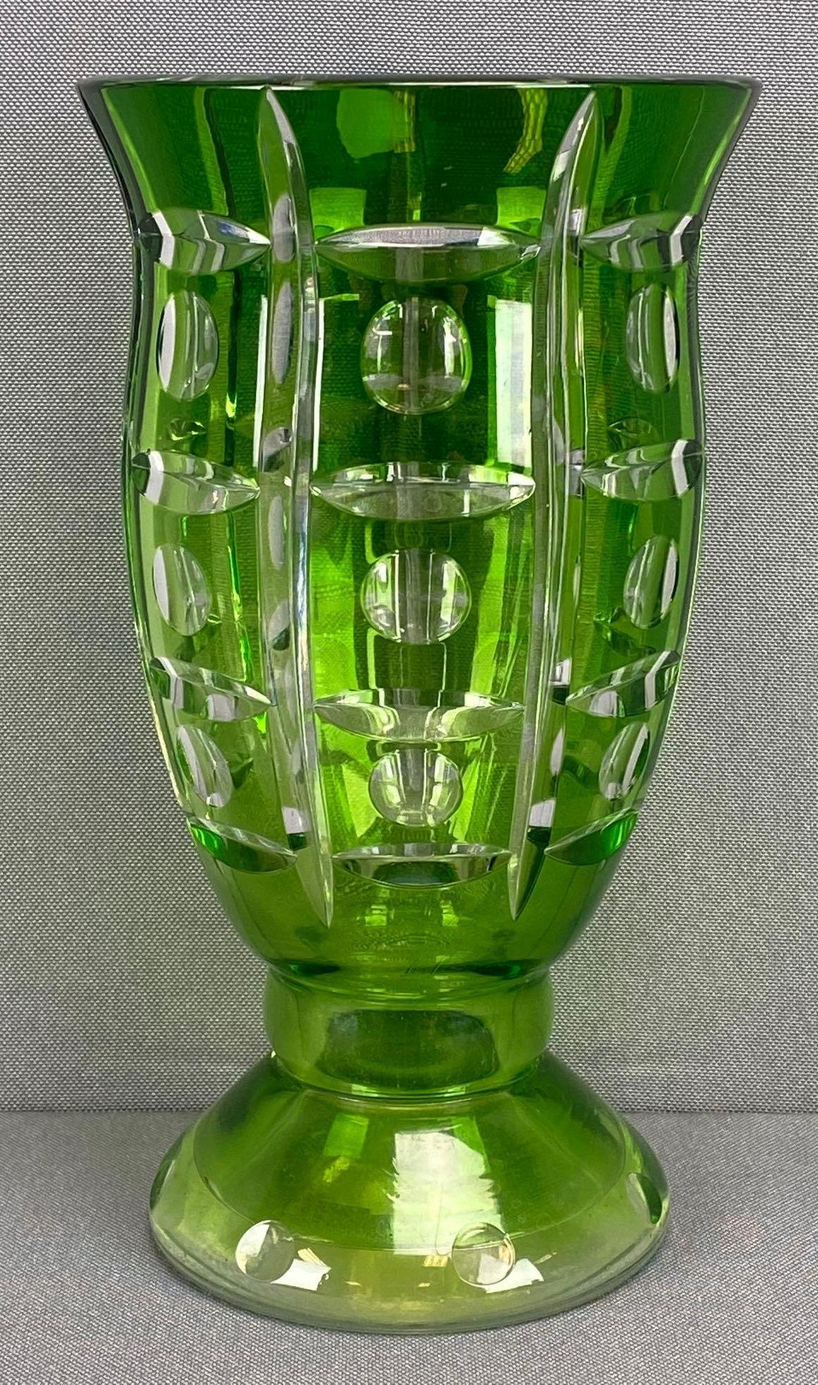 Unique Green Colored Cut ot Clear Glass Vase (1 of 5)