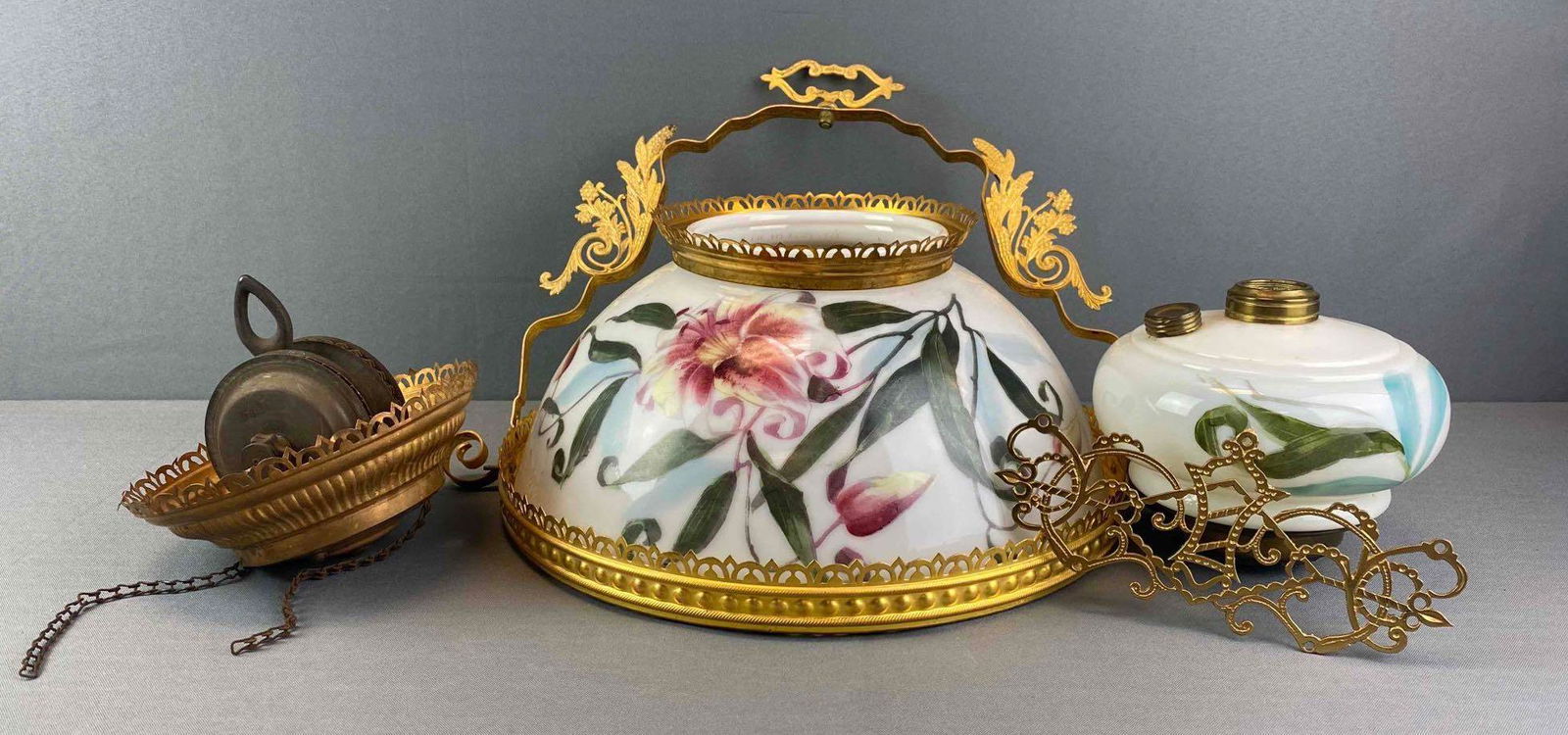 Brass Hanging Chandelier with Painted Milk Shade (1 of 5)