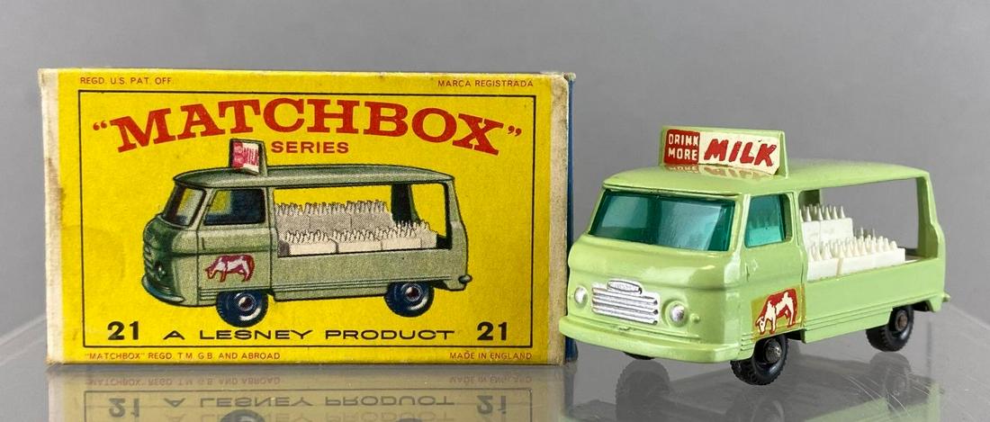 Matchbox No. 21 Milk Delivery Truck: Pale Green. A Lesney Product. BPW. Original Box. Made in England. Die-Cast.