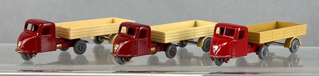Group of 3 Matchbox No. 10 Scammell Scarabs: Red/Tan. A Lesney Product. GPW and Grey Metal Wheels. Made in England. Die-Cast.