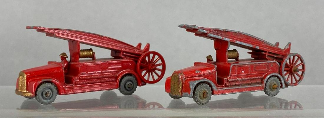 Group of 2 Matchbox No. 9 Dennis Fire Engines: Red. A Lesney Product. Grey Metal Wheels. Made in England. Die-Cast.