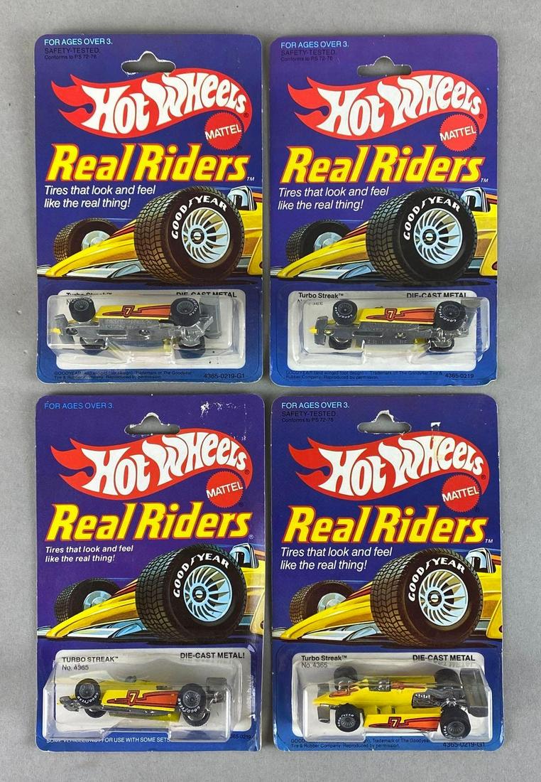 Group of 4 Hot Wheels Real Riders No. 4365 Turbo Streak: Mattel. Die-Cast. In original packaging. Packaging measures 6 1/2 x 4 1/4 x 1 1/4in.