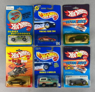 Group of 6 Assorted Hot Wheels Die-Cast Vehicles: Mattel. Includes No. 9531 Mustang SVO, No. 7528 Jet Sweep X5, No. 56 Bronco Wheeler, and more. In original packaging. Packaging measures 6 1/2 x 4 1/4 x 1 1/2in.