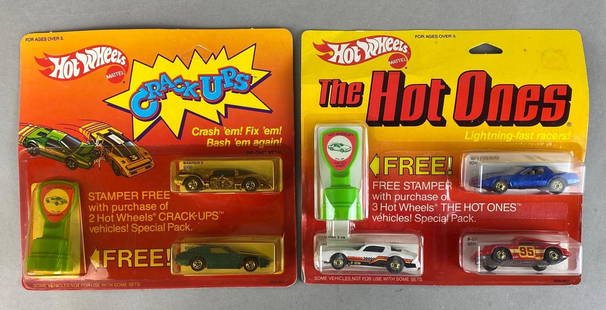 Group of 2 Hot Wheels Die-Cast Vehicle Sets: Mattel. Includes Crack Ups, and The Hot Ones. Both with collectors stamper. In original packaging. Packaging measures 8 x 8 1/2 x 1 1/2in.