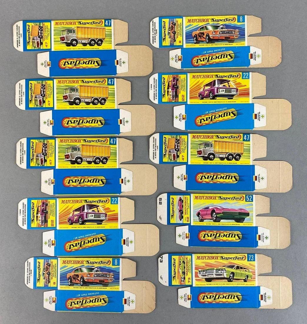 Group of 10 Matchbox G Type Boxes: Includes No. 22 Freeman Inter-City Commuter, No. 47 DAF Tipper Container Truck, No. 73 Mercury Commuter, and more.
