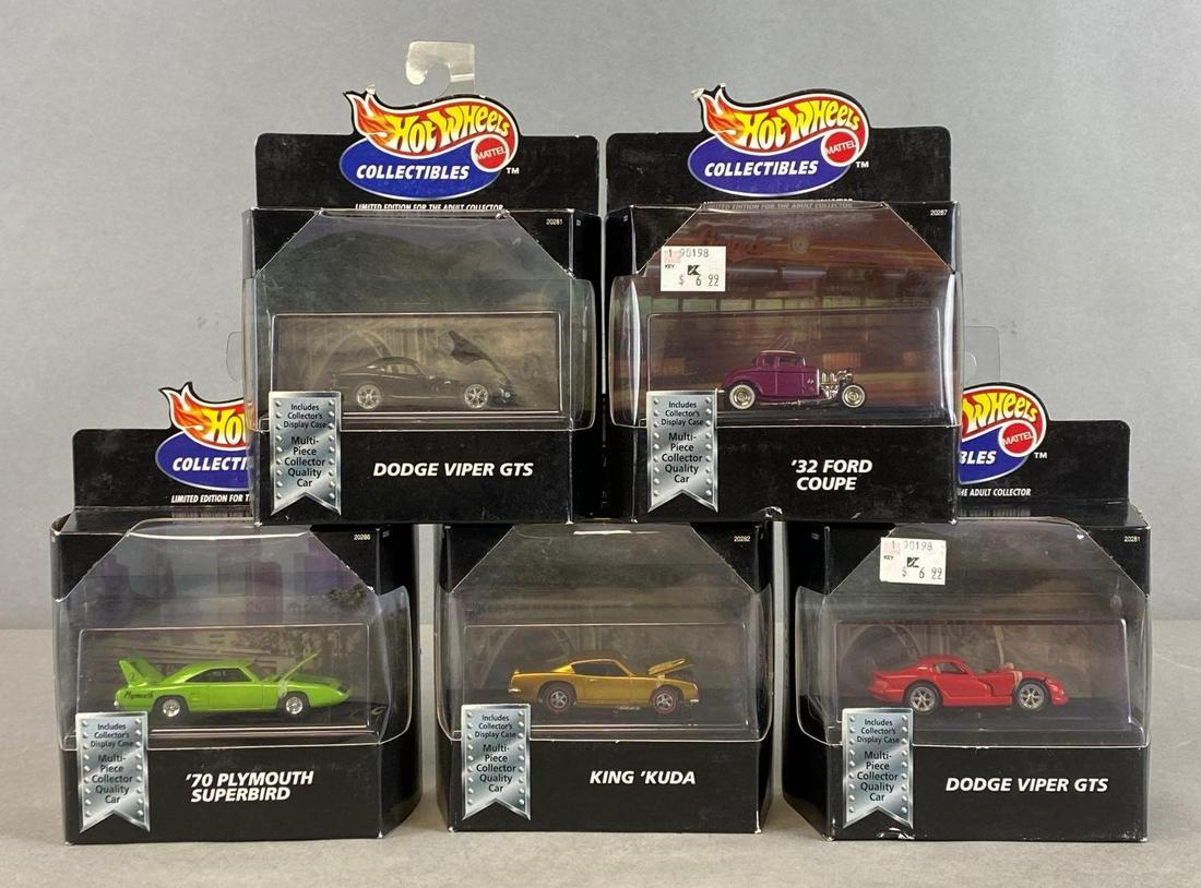 Group of 5 Hot Wheels Collectibles Die-Cast Vehicles: Mattel. 1998. Limited Edition. Includes Dodge Viper GTS, 1932 Ford Coupe, 1970 Plymouth Superbird, and King Kuda. In original packaging. Packaging measures 7 1/2 x 5 1/2 x 2 1/2in.