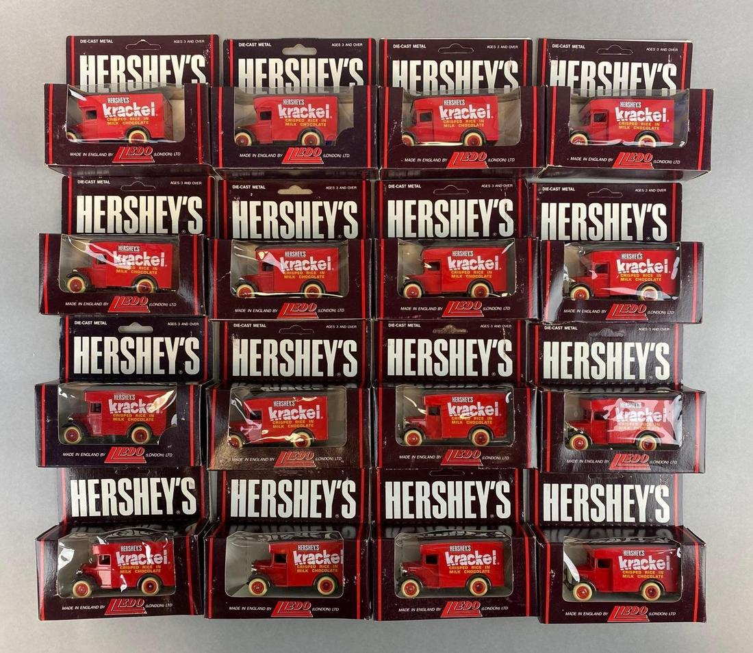 Group of 16 Hershey Krackel Die-Cast Vehicles: LLEDO London. Some blisters are warped.