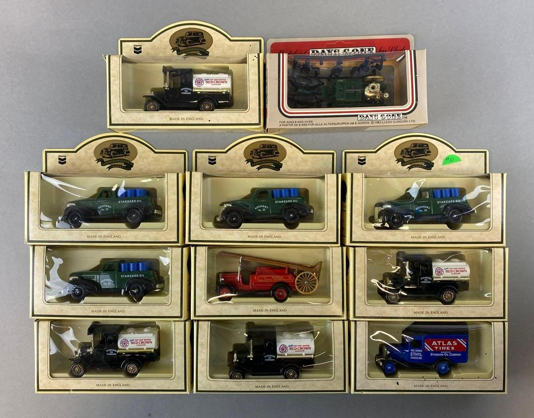 Group of 11 Assorted Chevron Die-Cast Vehicles and More: includes RPM Motor Oil 1939 Chevrolet Pick-Up, Red Crown Gasoline 1920 Model T Ford, and more.