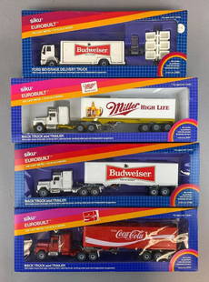 Group of 4 Siku Eurobuilt Die-Cast Vehicles: 1/55 scale. includes cocoa cola, Miller, Budweiser Mack truck and trailer.