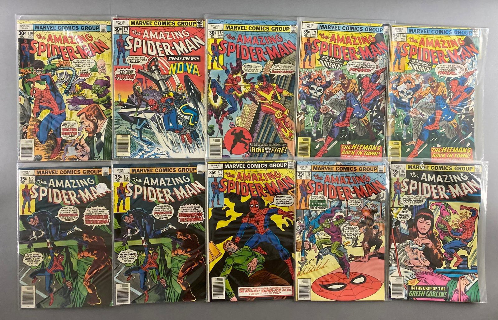 Group of 10 Marvel The Amazing Spider-Man Comic Books: includes No. 170-172, 174-178. contains duplicates. 1977, Bronze Age. Bagged.