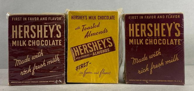 Group of 3 Hersheys Milk Chocolate Advertising Boxes: Largest measures 7 x 5 x 2 inches. Second hand sealed.