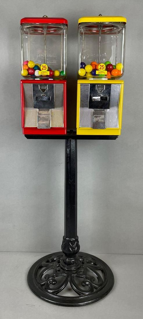 Vintage Northwestern Dual Bubble Gum Vending Machines on Cast Iron Stand: Northwestern Vending, Morris Ill. Working condition, and keys for both. One has gumballs the other has jaw breakers. No in-house shipping, third party shipping only. Measures 41 x 14 1/2 x 15 inches