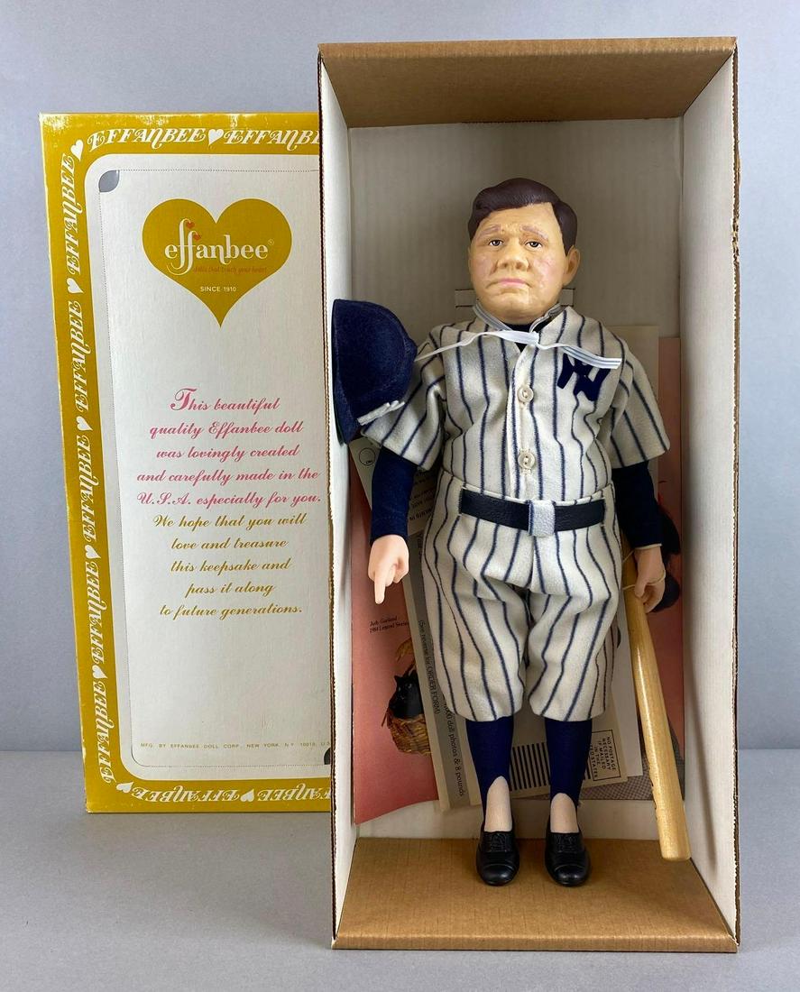 Effanbee Babe Ruth with Bat Doll: No. 7651. With original box. Doll measures 15 1/2 inches tall. Packaging measures 18 x 8 x 4 inches