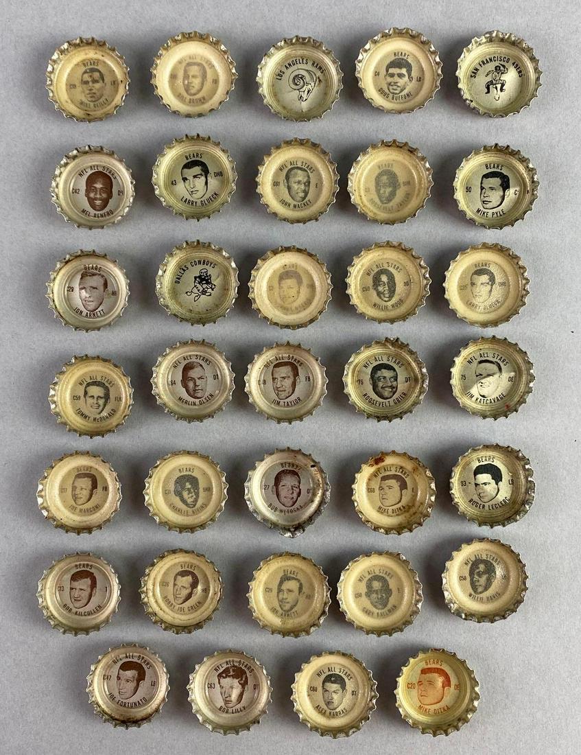 Group of 30+ Assorted 1960s NFL All Stars Coca Cola and Sprite Bottlecaps: Includes Mike Ditka, Willie Wood, Jon Arnett, Roger Leclerc, and more.