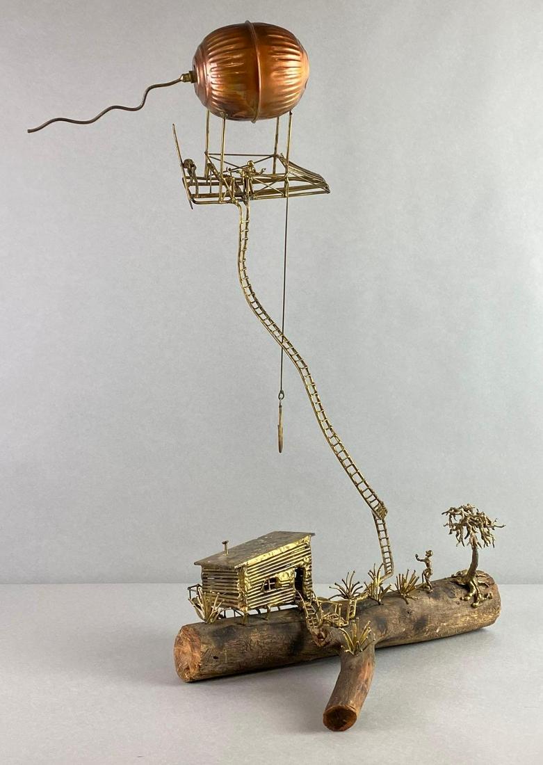 Animated Industrial Suspension Folk Art Sculpture: Wood and metal suspension sculpture, Unsigned, Measures 26 x 20 x 14in. No Shipping.