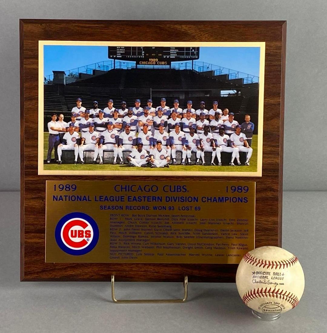 Group of 2 1989 Chicago Cubs Plaque and N.L. Charles Feeney Baseball (1 of 5)