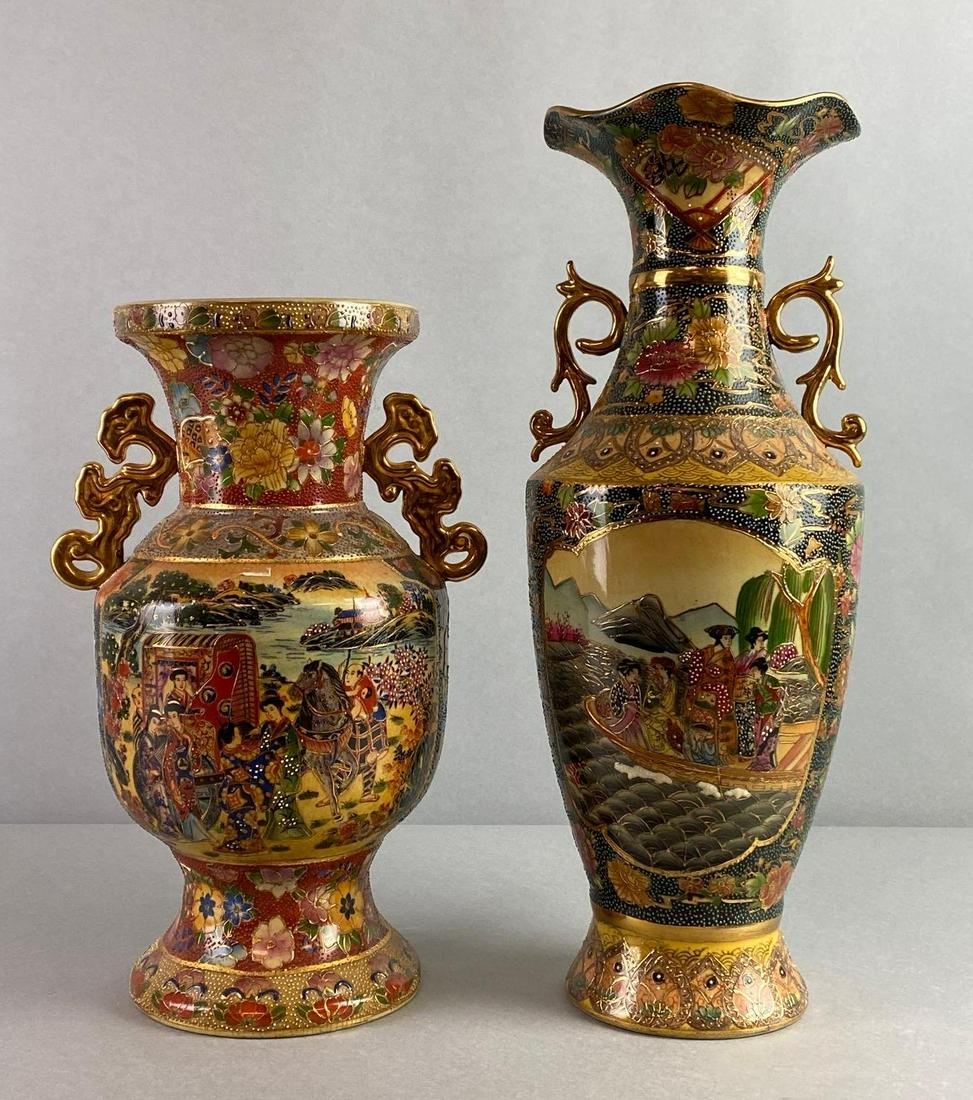 Group of 2 Satauma Porcelain Painted Vases: Made in China, Makers marks on bases, Includes Women on riverboat, and Carriage on the banks, Largest measures 17 1/2 x 7 x 7in.