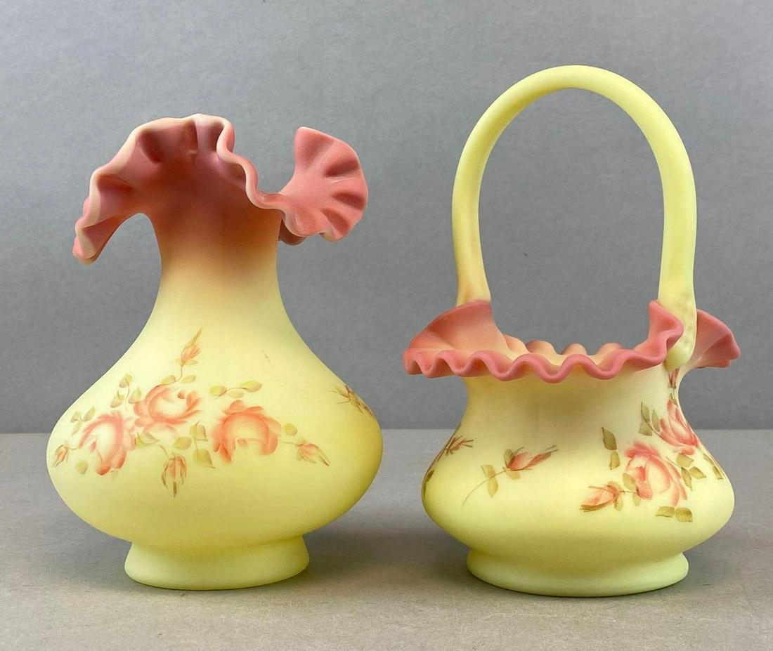 Group of 2 Fenton Hand Painted Burmese Glass Vase and Basket (1 of 5)