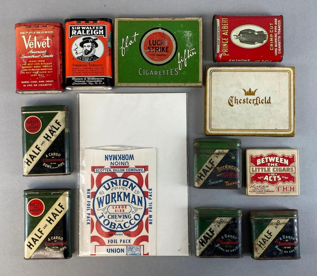 Group of 12 Tobacco Tins and More: Includes Velvet, Sir Walter Raleigh, Between the Acts, and more, Largest tin measures 4 1/2 x 5 3/4 x 1/2in.
