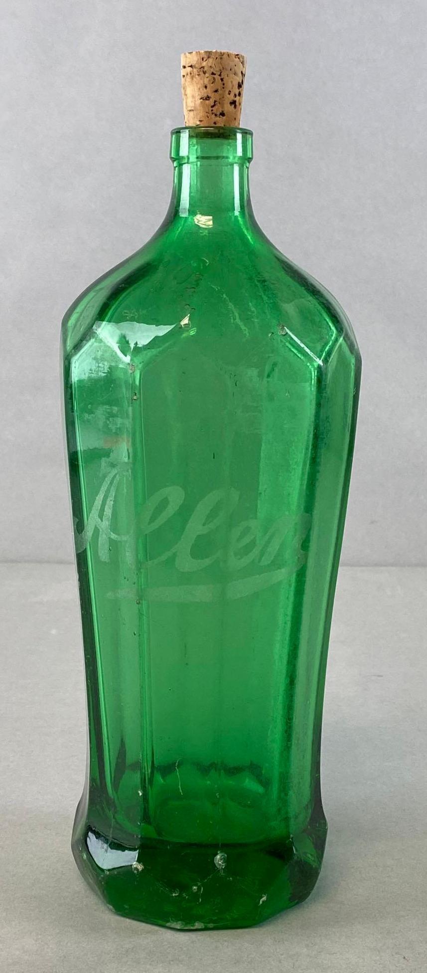 Allen Dawson Green Seltzer Bottle: Made in Czechoslovakia, With cork, Measures 10 1/2 x 4 x 4in.