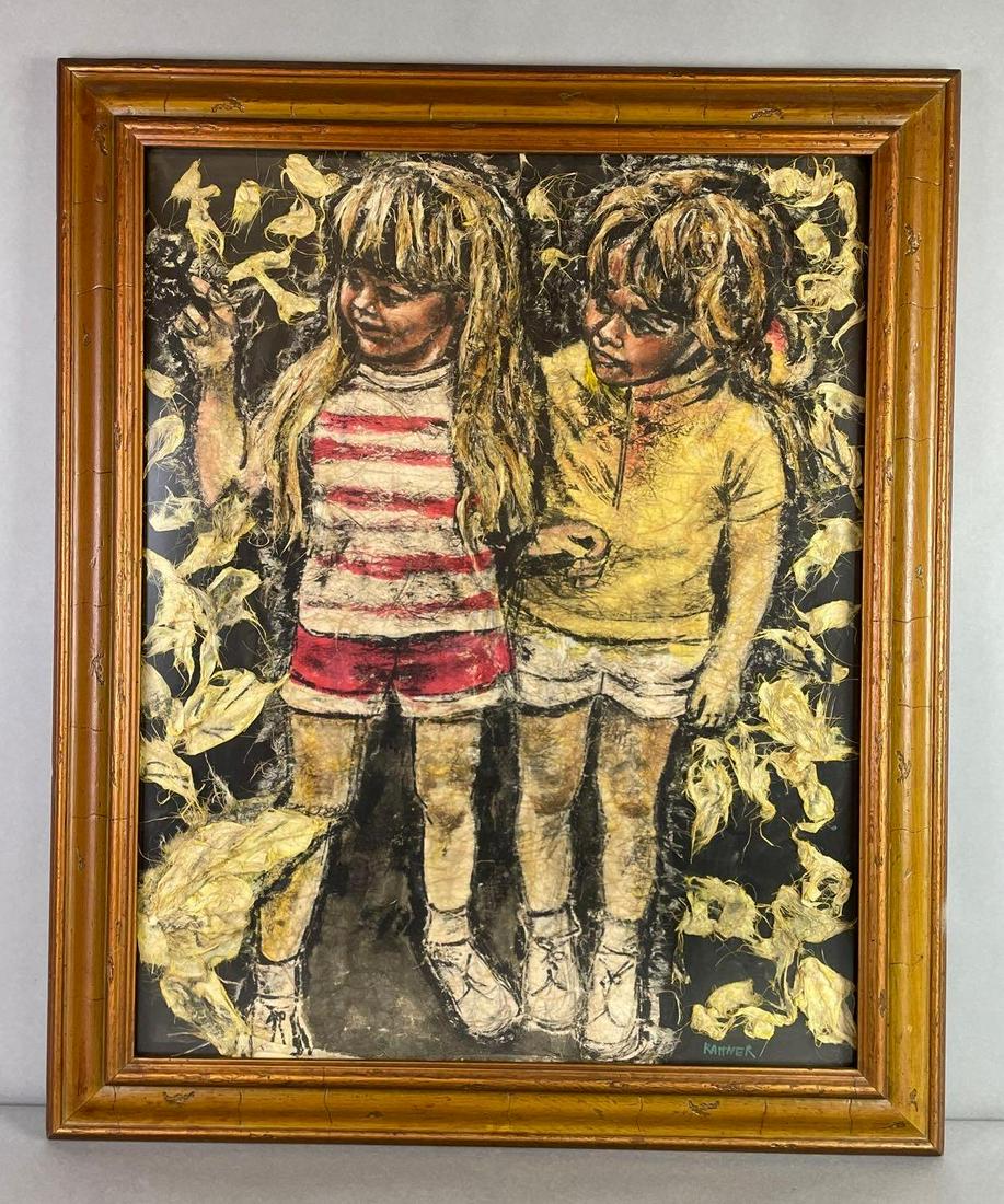 Vintage Abraham Rattner Mixed Media Children Playing: Signed, frame measures 36 x 29 1/2 inches