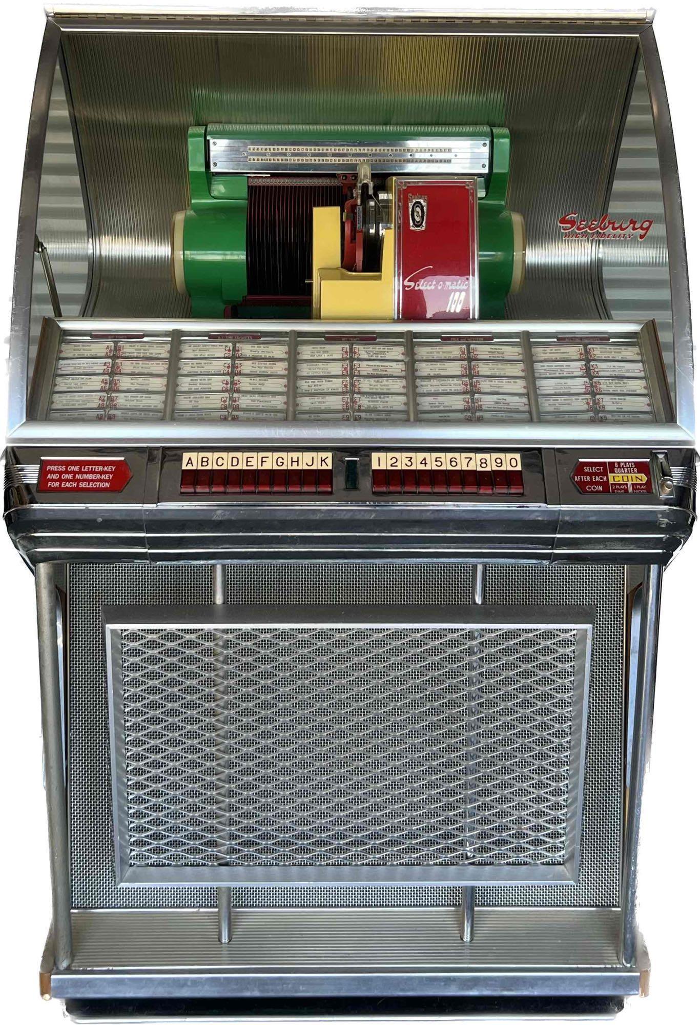 Vintage Seeburg Model 100JL Select-O-Matic Juke Box: Working condition and sounds amazing! High Fidelity, No In House Shipping on this item. 36 x 59 x 27 inches, no key