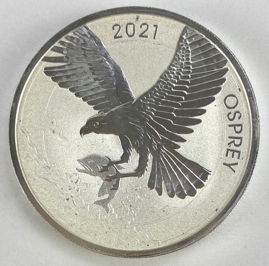 2021 $2 Elizabeth II Australia Osprey 1.5 oz. .9999 Fine Silver: Super Coin with a reverse-proof high mirror finish.
