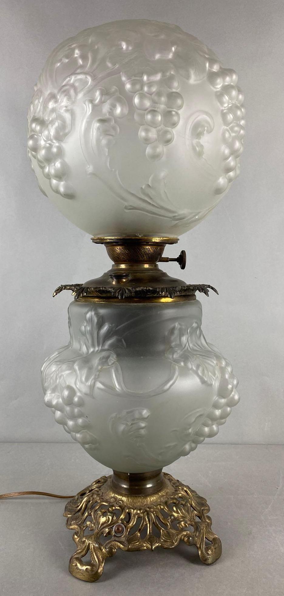 Clear Satin Glass Gone with the Wind Lamp: Parts chipped and cracked off, oil converted to electric, unknown working condition, measures 23 1/2 X 10 1/2 inches