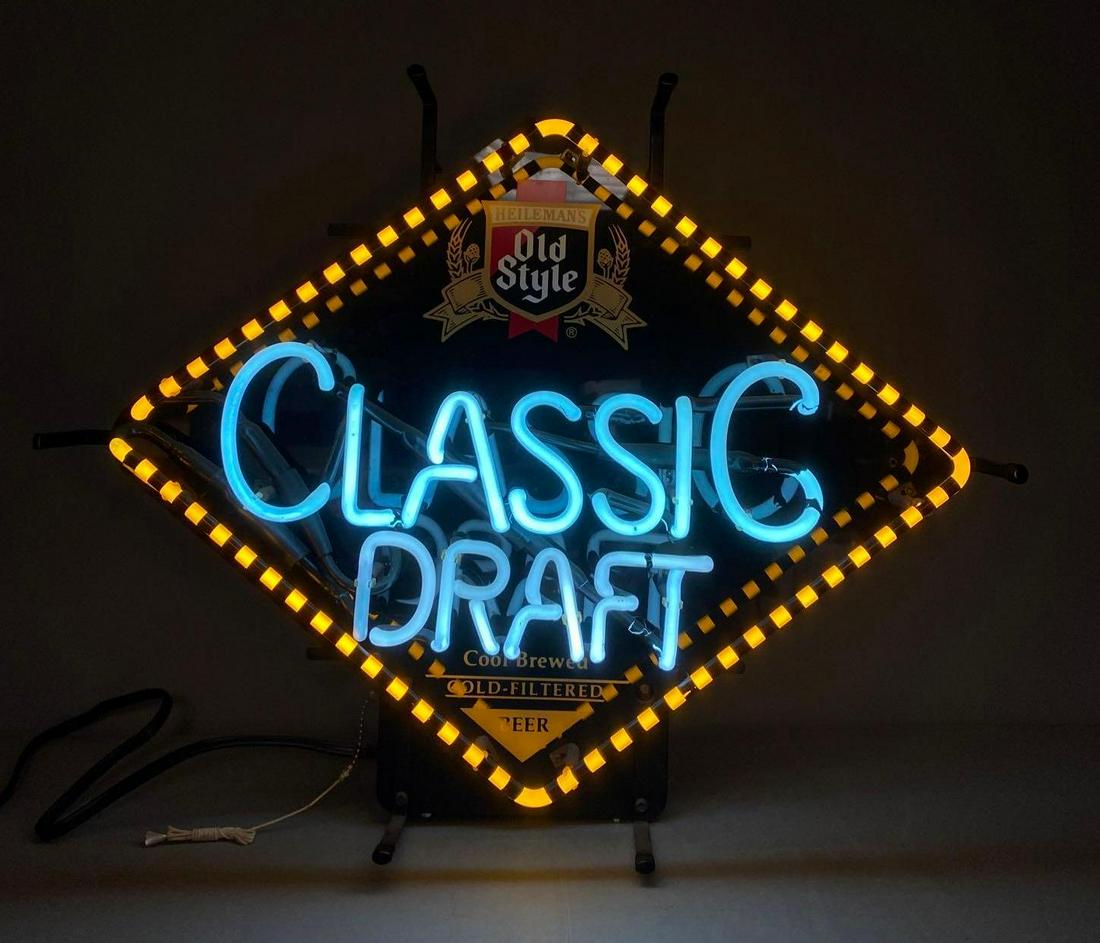 Heilemans Old Style Classic Draft Neon Advertising Sign: In working condition, measures 18 1/4 X 22 3/4 X 6 inches